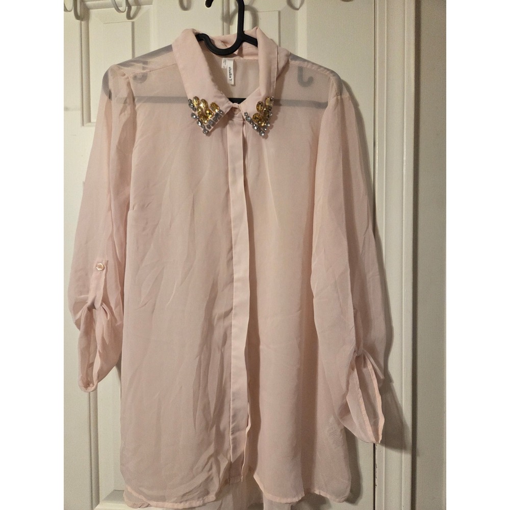 Studio Y Blush Pink Sheer Embellished Collar Blouse Top Large Gemstone Detail